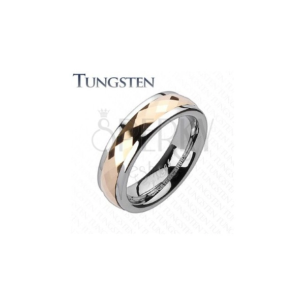Tungsten pierścionek - ruchomy środkowy pas z różowym złotem