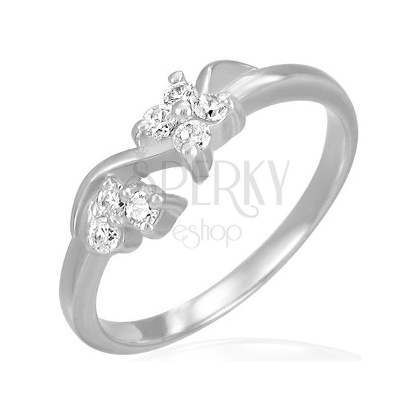 Zaręczynowy stalowy pierścionek - bezbarwne cyrkoniowe kwiatki na fali