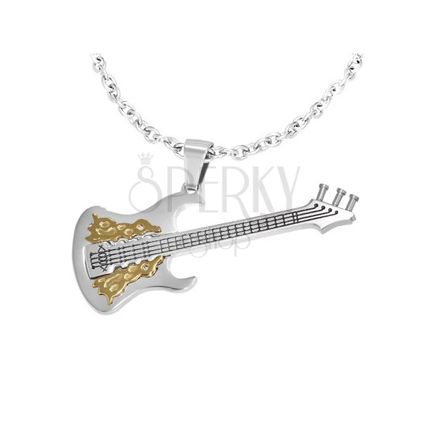 Stalowy wisiorek - gitara elektryczna, kolor srebrny, złote płomienie