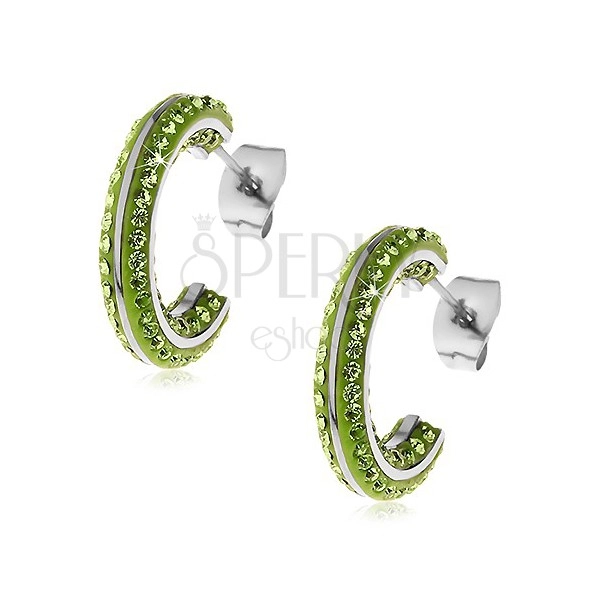 Okrągłe stalowe kolczyki - małe zielone cyrkonie, lśniące pasy srebrnego koloru