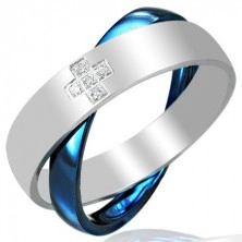 Stalowy podwójny pierścionek, niebiesko - srebrny
