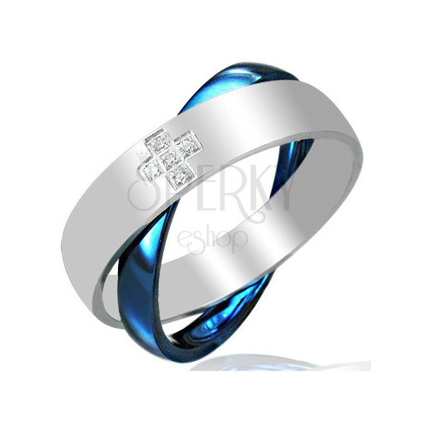 Stalowy podwójny pierścionek, niebiesko - srebrny