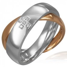 Podwójny stalowy pierścionek - cyrkoniowy krzyż, złoty i srebrny