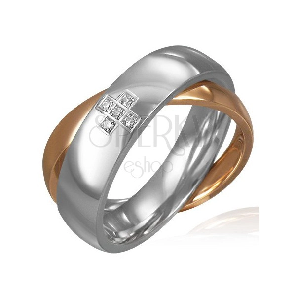 Podwójny stalowy pierścionek - cyrkoniowy krzyż, złoty i srebrny