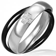 Podwójny pierścionek ze stali - czarny i srebrny, krzyżyk