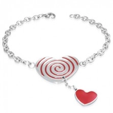Stalowa bransoletka - czerwone serce ze spiralą, łańcuszek