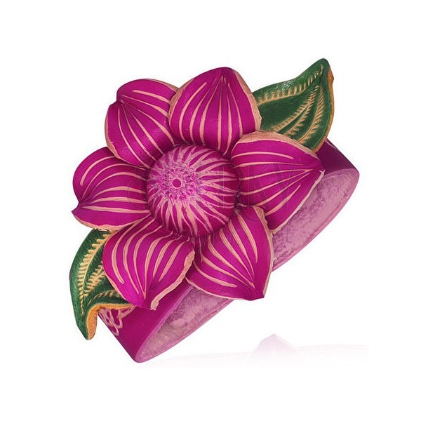 Różowa bransoletka skórzana - masywny kwiat lotosu