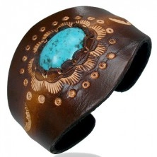 Skórzana elastyczna bransoletka - owalny turkusowy kamień, ornamenty