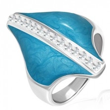 Stalowy pierścionek - niebieski romb, cyrkoniowy pas