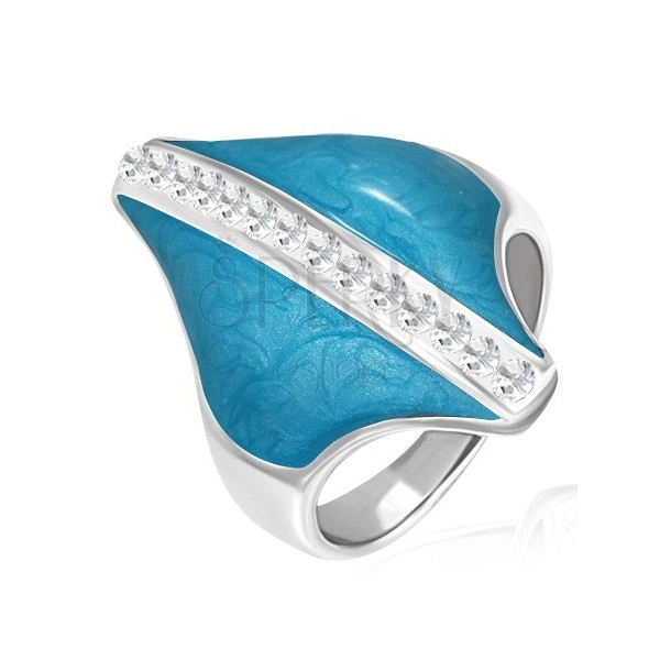 Stalowy pierścionek - niebieski romb, cyrkoniowy pas