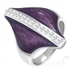 Stalowy pierścionek - fioletowy romb, cyrkoniowy pas