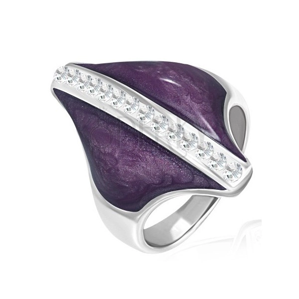 Stalowy pierścionek - fioletowy romb, cyrkoniowy pas