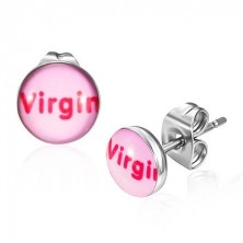 Stalowe kolczyki - różowe z napisem Virgin