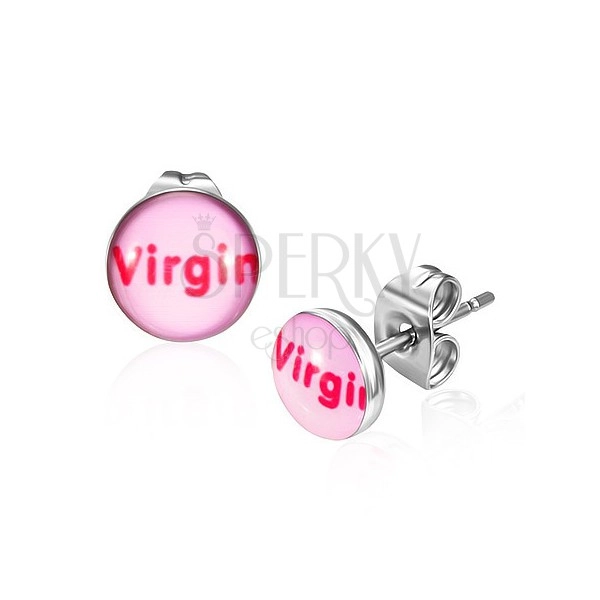 Stalowe kolczyki - różowe z napisem Virgin
