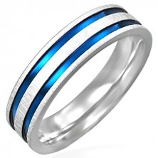 Stalowy matowy pierścionek z dwoma niebiesko-fioletowymi pasami