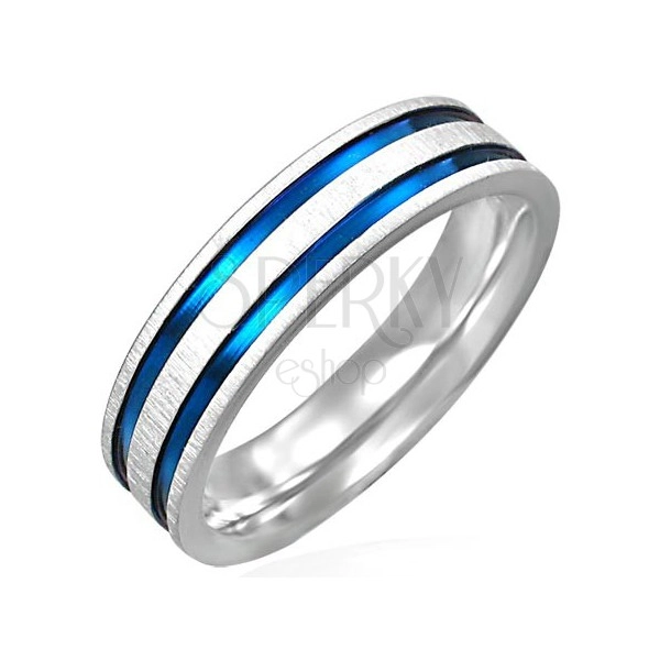 Stalowy matowy pierścionek z dwoma niebiesko-fioletowymi pasami