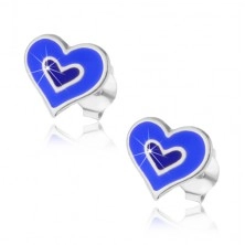 Srebrne kolczyki 925 - podwójne serce w niebieskim lub różowym kolorze