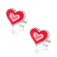 Srebrne kolczyki 925 - podwójne serce w niebieskim lub różowym kolorze