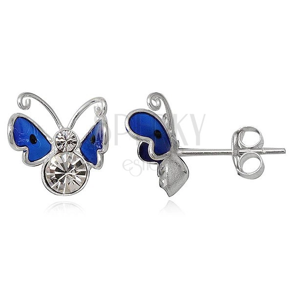 Kolczyki ze srebra 925 - niebieski latający motyl z cyrkoniami