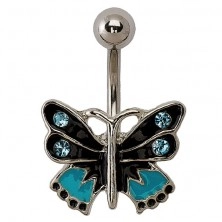 Kolczyk motylek - czarny, niebieski i srebrny kolor, cyrkonie