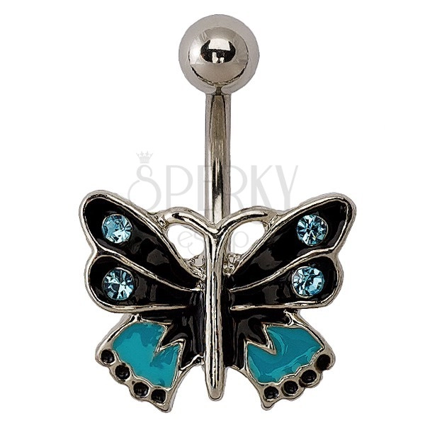Kolczyk motylek - czarny, niebieski i srebrny kolor, cyrkonie