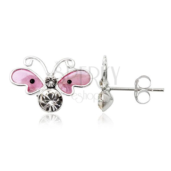 Kolczyki ze srebra 925 - drobny różowy motylek z cyrkoniami