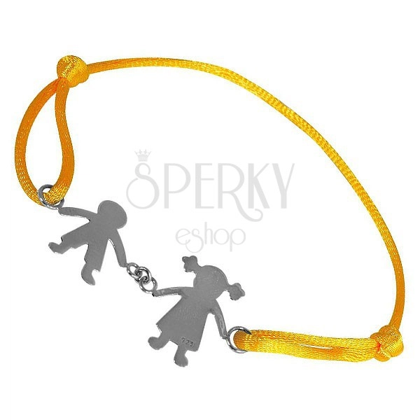 Bransoletka ze srebra 925 - chłopiec i dziewczynka na żółtym sznurku, połączeni za ręce