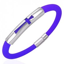 Silikonowa bransoletka okrągły przekrój, stalowa wstawka z krzyżem, niebieska