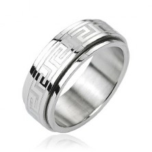 Stalowy pierścień - ruchomy pas środkowy, klucz grecki, kolor srebrny