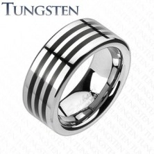 Tungsten pierścionek z trzema czarnymi paskami na obwodzie