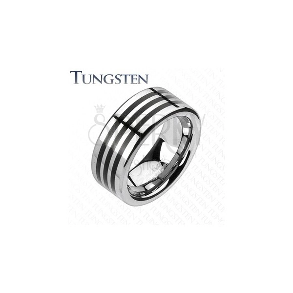 Tungsten pierścionek z trzema czarnymi paskami na obwodzie