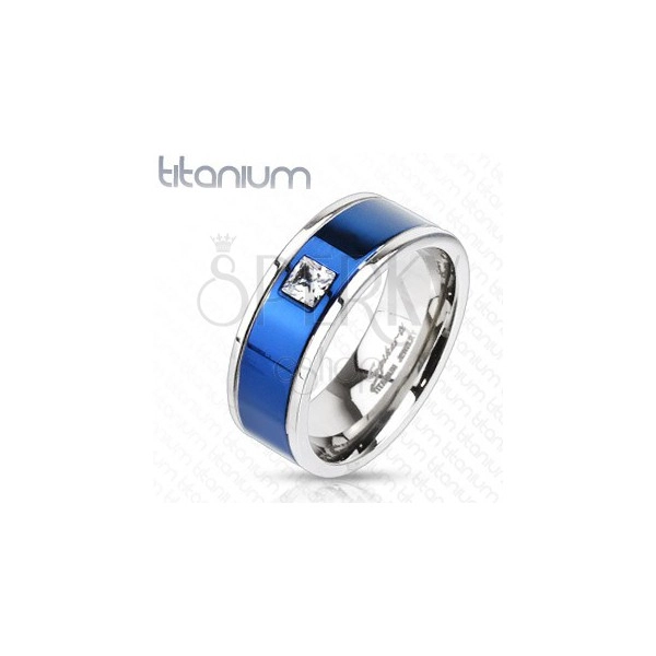 Tytanowy pierścionek z niebieskim pasem i kwadratową cyrkonią