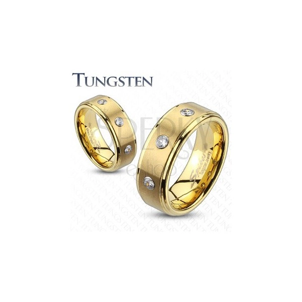 Tungsten pierścionek ze szlifowanym pasem i trzema cyrkoniami