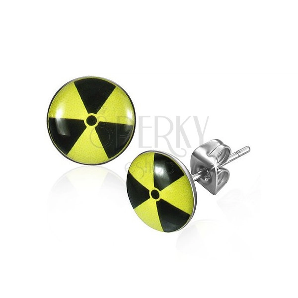 Okrągłe stalowe kolczyki - czarno-żółty nuklearny symbol