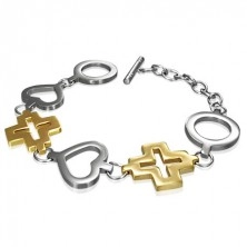 Stalowa bransoletka koło, serce oraz złoty krzyż