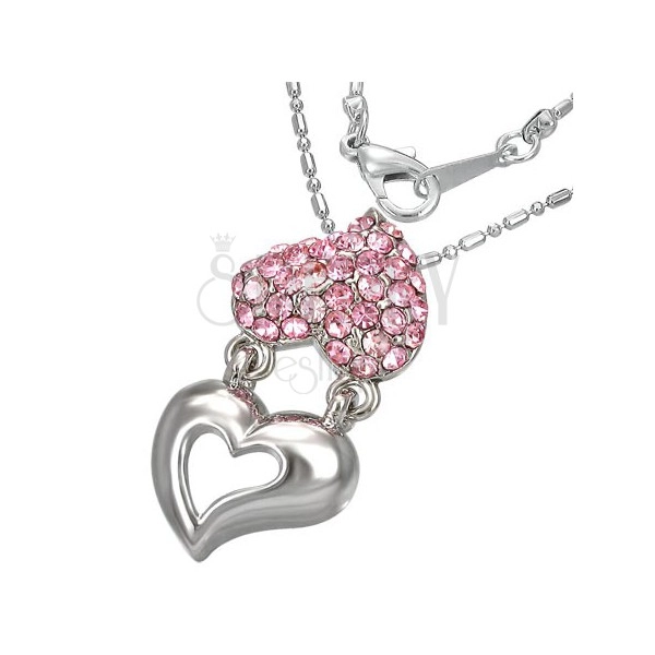 Naszyjnik - połączone metalowe i cyrkoniowe serca, różowe cyrkonie