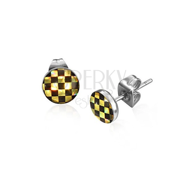 Kolczyki wkręty ze stali - szachownica w czarnym i żółtym kolorze