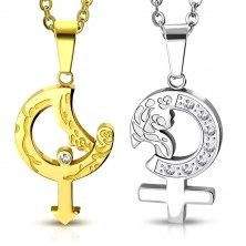 Stalowe zawieszki dla pary - złoty i srebrny kolor, symbole mężczyzny i kobiety z różą