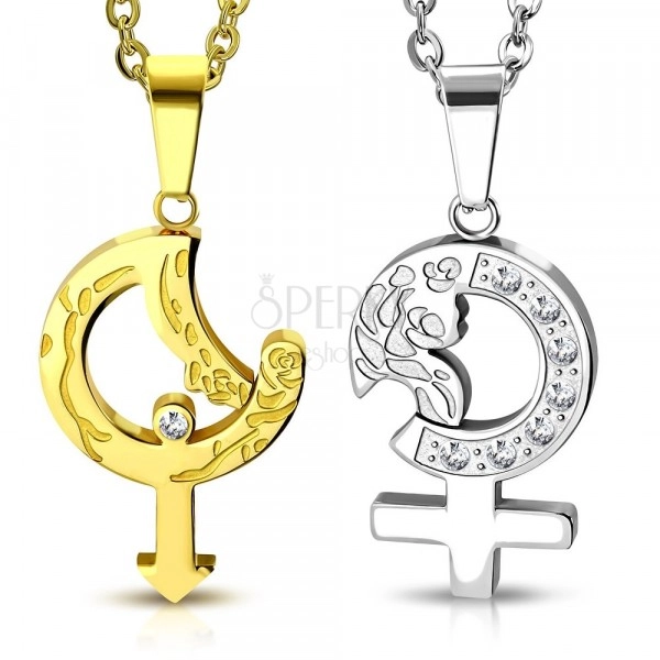 Stalowe zawieszki dla pary - złoty i srebrny kolor, symbole mężczyzny i kobiety z różą