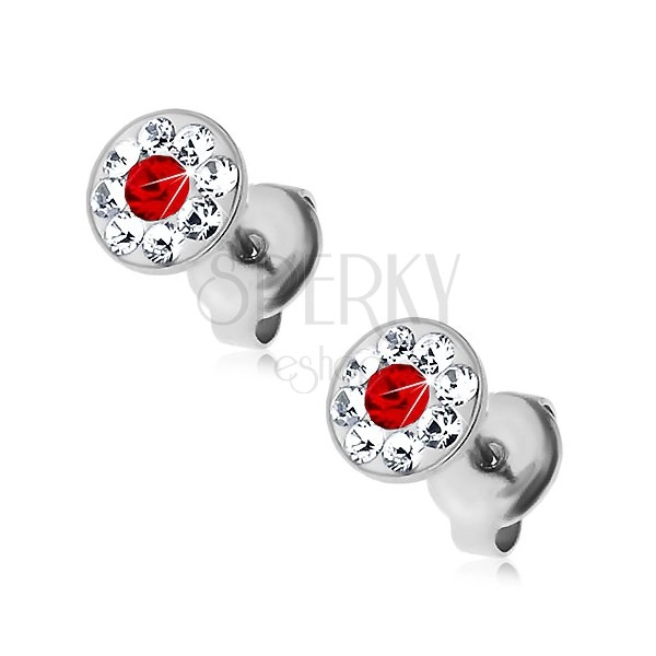 Stalowe kolczyki ozdobione kryształkami Swarovski bezbarwnego i czerwonego koloru