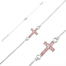 Srebrna bransoletka 925 - krzyżyk z różowami cyrkoniami
