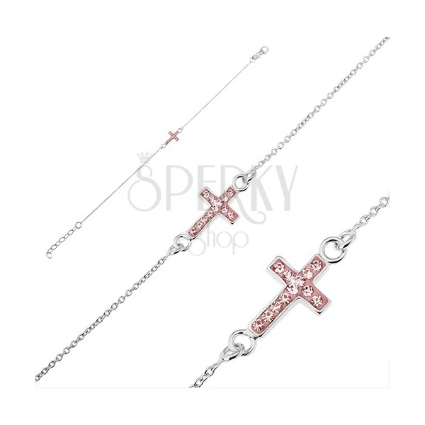 Srebrna bransoletka 925 - krzyżyk z różowami cyrkoniami