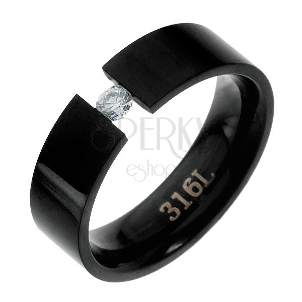 Stalowy pierścionek - przedzielony na pół cyrkonią, czarny, 6 mm
