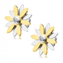 Stalowe kolczyki - kwiatek z płatkami złotego i srebrnego koloru z cyrkonią