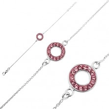 Srebrna bransoletka 925 - łańcuszek z kółeczkiem z różowymi cyrkoniami