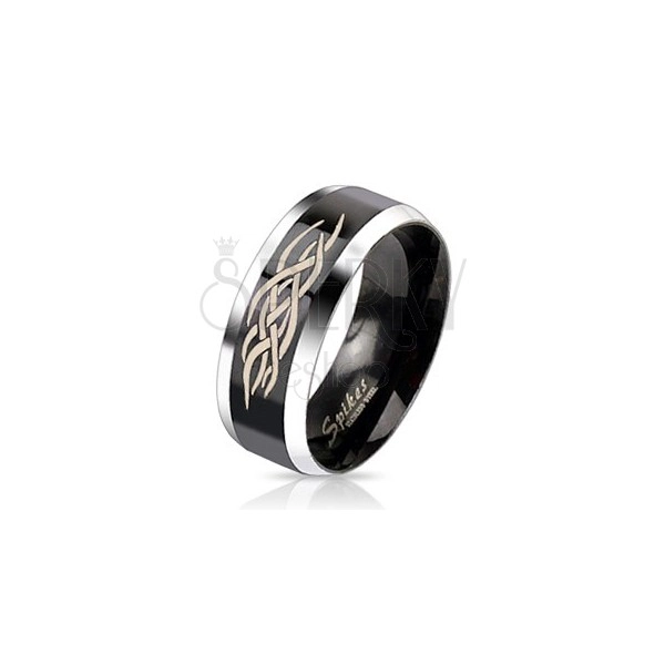 Stalowy pierścionek - czarny pas z ornamentem