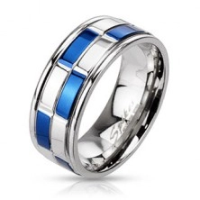 Pierścionek ze stali - obrączka, niebiesko-srebrne prostokąty