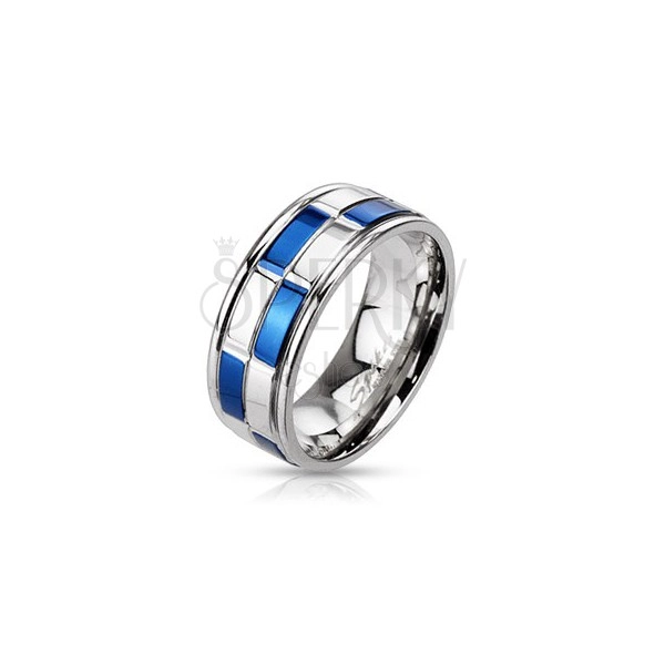 Pierścionek ze stali - obrączka, niebiesko-srebrne prostokąty
