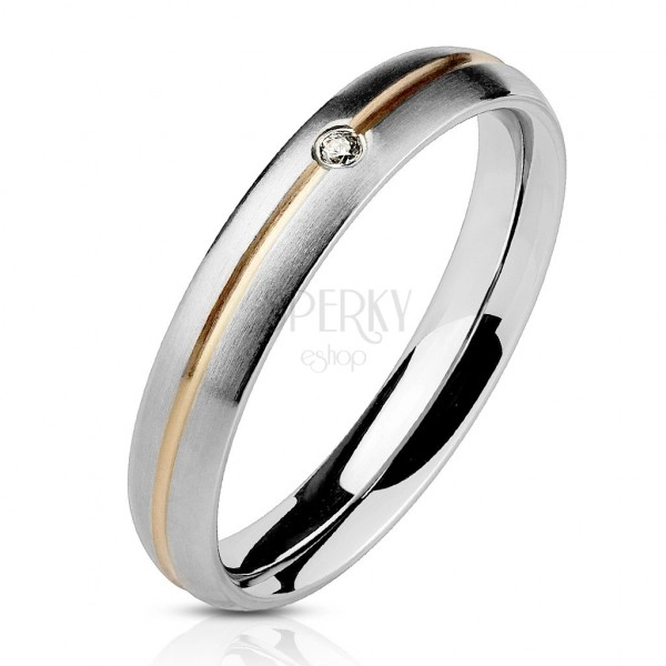 Stalowy pierścionek - srebrny, złoty rowek na środku oraz cyrkonia