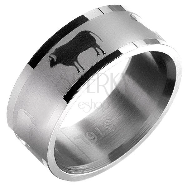 Stalowy pierścionek 316L - gładka obrączka z motywem byka